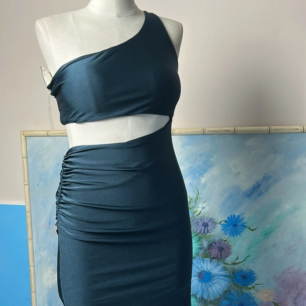 Eugenia Fernandez  One-Shoulder Teal Dress Ruched Side Maxi Open side small - Picture 17 of 17